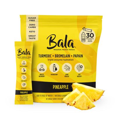Bala Enzyme Hydration Sugar-Free Electrolyte Drink Mix - Turmeric, Bromelain, Papain - Recovery, Immunity, Mobility - Pineapple 0.25oz (30 Count)