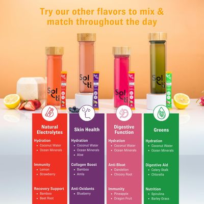 Sol-ti Organic Electrolyte Greens Hydration Drink Mix, Superfood Hydration Sticks, SuperStix, Non-GMO, Vegan, Chlorophyll Lemon, 14 Sticks