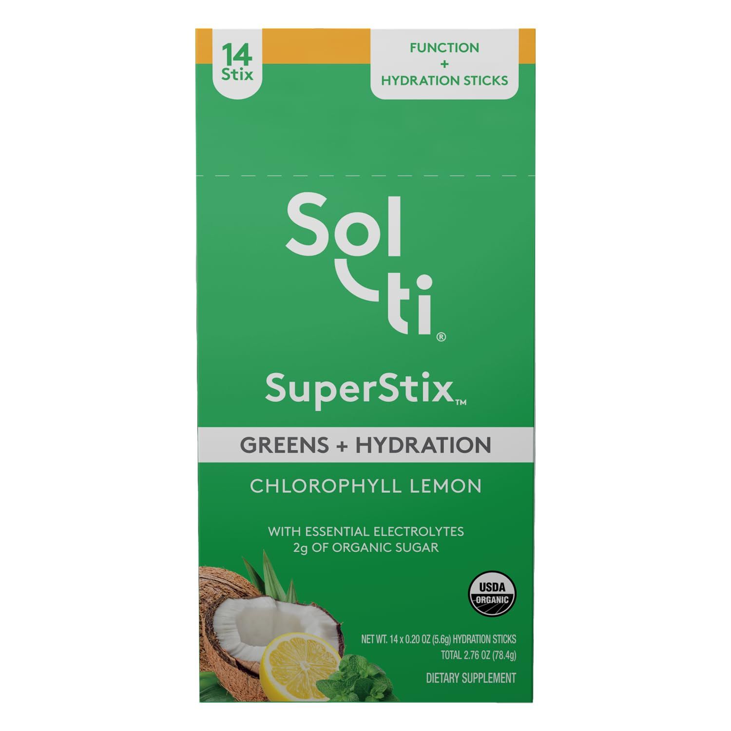 Sol-ti Organic Electrolyte Greens Hydration Drink Mix, Superfood Hydration Sticks, SuperStix, Non-GMO, Vegan, Chlorophyll Lemon, 14 Sticks