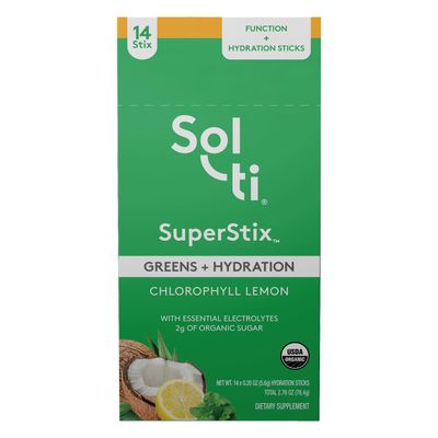 Sol-ti Organic Electrolyte Greens Hydration Drink Mix, Superfood Hydration Sticks, SuperStix, Non-GMO, Vegan, Chlorophyll Lemon, 14 Sticks