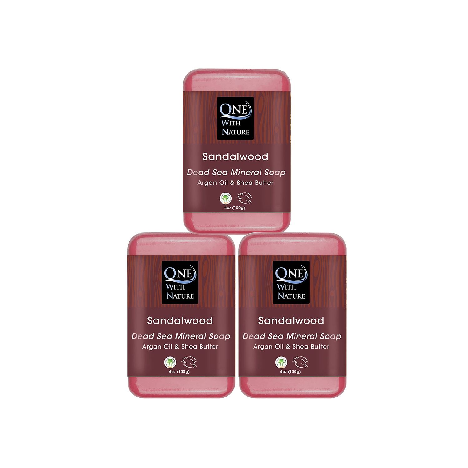 One With Nature Dead Sea Mineral Sandalwood Soap 4oz Bar 3Pack- Anti Aging, Natural Essential Oil Fragrance Shea Butter, Argan Oil Enriches - Ideal for All Skin Types, Sandalwood Soap for Men, Women