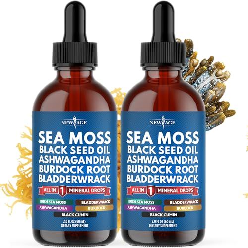 Sea Moss Liquid Drops Supplement - Black Seed Oil Ashwagandha Burdock Root Bladderwrack - Silica Multimineral Non-GMO Vegan - 2 Pack