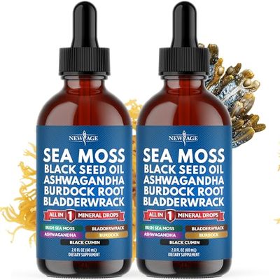Sea Moss Liquid Drops Supplement - Black Seed Oil Ashwagandha Burdock Root Bladderwrack - Silica Multimineral Non-GMO Vegan - 2 Pack