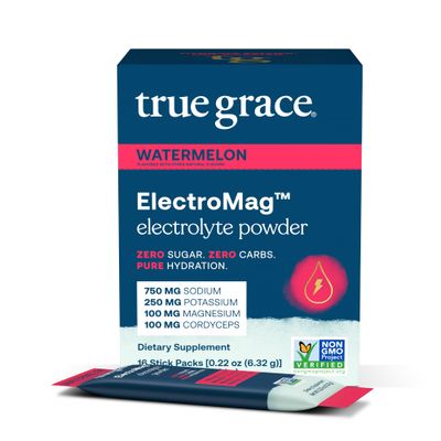 True Grace ElectroMag - 16 Stick Packs - Watermelon - Electrolyte Powder for Rapid Hydration - Sodium, Potassium, Magnesium Cordyceps - Zero Sugar Carbs - Non-GMO - 16 Total Servings