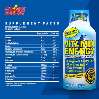 Vitamin Energy Hydration Energy Shot - Blue Raspberry - Electrolytes, BCAAs 260mg Plant-Based Caffeine - Zero Calories, Sugar-Free, Vegan - Hydration Performance Support - 1.93 fl oz, 24-Pack