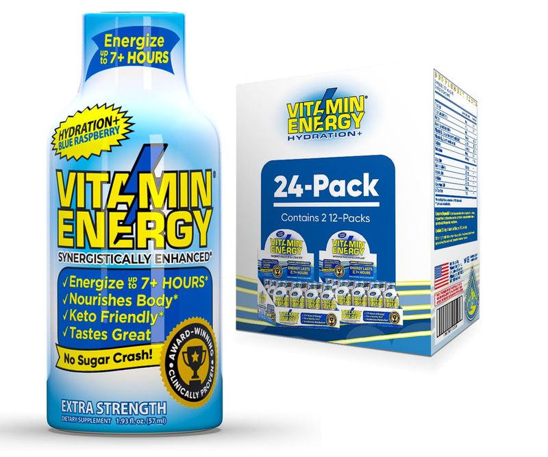 Vitamin Energy Hydration Energy Shot - Blue Raspberry - Electrolytes, BCAAs 260mg Plant-Based Caffeine - Zero Calories, Sugar-Free, Vegan - Hydration Performance Support - 1.93 fl oz, 24-Pack