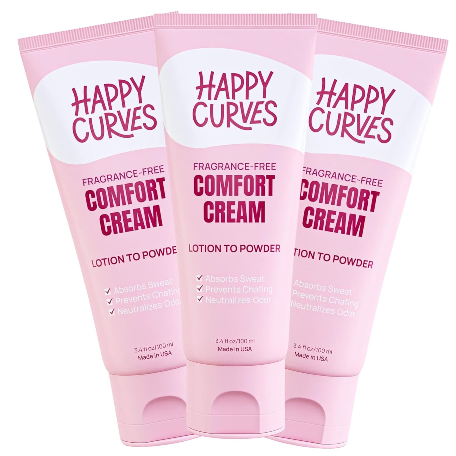 HAPPY CURVES Comfort Cream Deodorant for Women Aluminum-Free Lotion Powder for Under Breast, Body Private Parts - Anti Chafing Cream 3.4 oz.(3 Pack, Fragrance-Free)