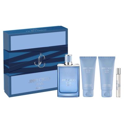 Jimmy Choo Man Aqua EDT 4 Piece Set - 3.3 0.25 fl. oz. Spray, 3.3 fl. oz. Shower Gel, 3.3 fl. oz. After Shave Balm - Long Lasting Fragrance with notes of Grapefruit, Geranium Moss - Sweet Woody