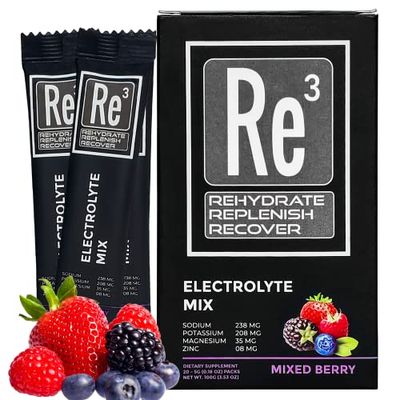 Re3 - Rehydrate - Replenish - Recover Electrolyte Powder Packets. No Sugar, 7 Cal, 1.4 Carbs. The Best Mix of Vitamins and Minerals (Mixed Berry)
