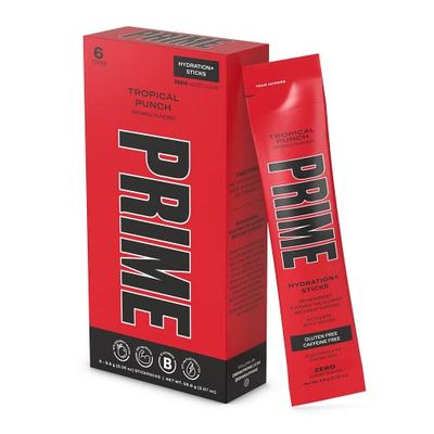 PRIME HYDRATION Sticks TROPICAL PUNCH Hydration Powder Single Serve Sticks Electrolyte Powder On The Go Low Sugar Caffeine-Free Vegan 6 Sticks