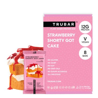 TRUBAR Vegan Protein Bar, Strawberry Shorty Got Cake, Gluten Free, Plant Based Protein, Dairy Free, Non GMO, Soy Free, No Sugar Alcohols, 12G Protein, 12G Fiber, 23G Carb, On the Go Snack Bars, 8 CT