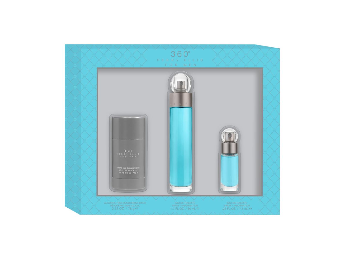 Perry Ellis 360 Men Gift Set - 1.7 fl oz eau de toilette, 2.75 oz deodorant, .25 fl oz EDT mini travel spray