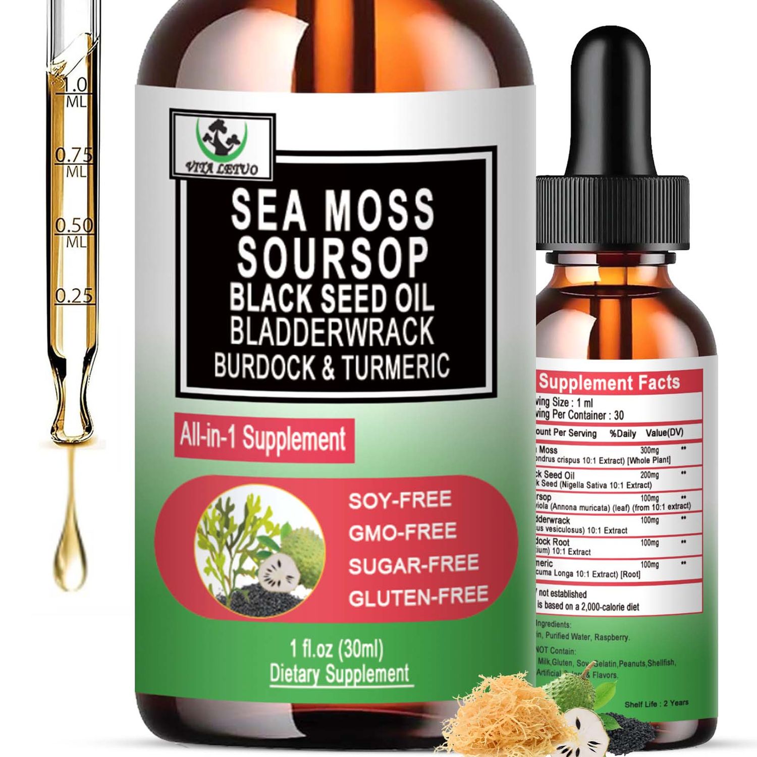Sea Moss Black Seed Oil Soursop Liquid Drops with Bladderwrack Burdock Root Turmeric - Multimineral Vitamins Superfood Drops Organic Non-GMO for Immune Digestive Cell Support Skin Hair