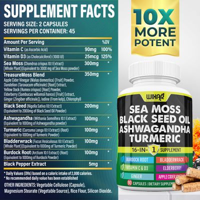 Wixar Sea Moss 3000mg Black Seed Oil 2000mg Ashwagandha 1000mg Turmeric 1000mg Bladderwrack 1000mg Burdock 1000mg Vitamin C D3 with Elderberry Dandelion Yellow Dock Chlorophyll ACV - 90 Capsules