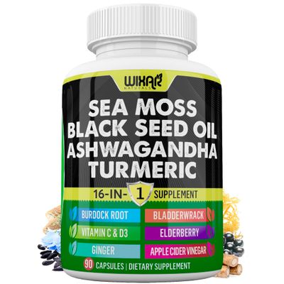 Wixar Sea Moss 3000mg Black Seed Oil 2000mg Ashwagandha 1000mg Turmeric 1000mg Bladderwrack 1000mg Burdock 1000mg Vitamin C D3 with Elderberry Dandelion Yellow Dock Chlorophyll ACV - 90 Capsules