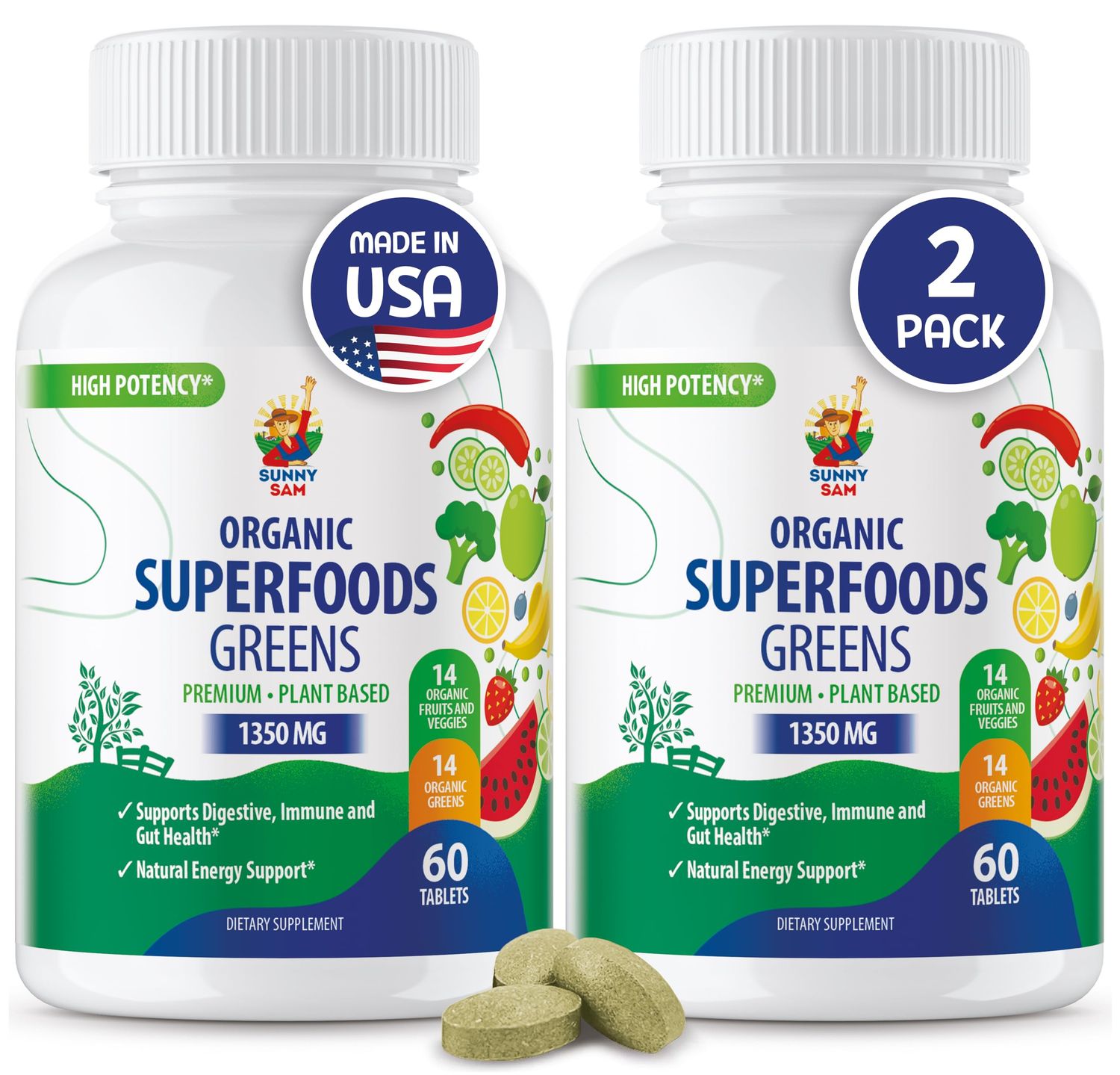 SUNNY SAM Super Food Green Supplements for Adults -120count- Organic Super Greens with Real Fruits, Vegetables, and Herbs for Natural Digestive and Energy Support
