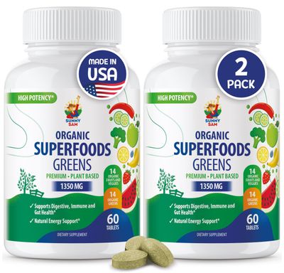 SUNNY SAM Super Food Green Supplements for Adults -120count- Organic Super Greens with Real Fruits, Vegetables, and Herbs for Natural Digestive and Energy Support