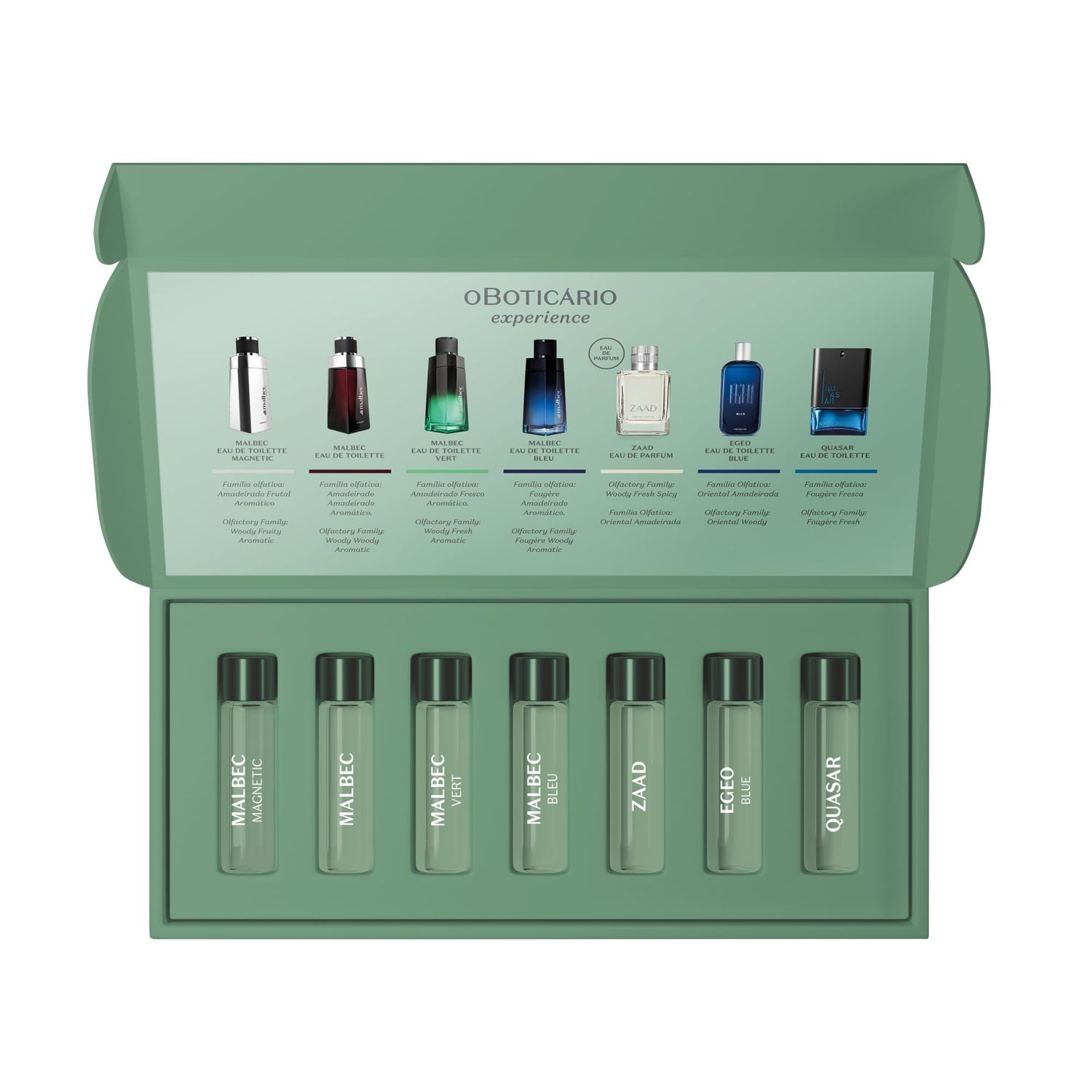 Malbec O Boticrio Experience Men&#39;s Cologne Set, Perfect Starter Set for Him, Explore Men&#39;s Fragrances, Egeo, Quasar, Zaad, (7x 4mL Bottles)