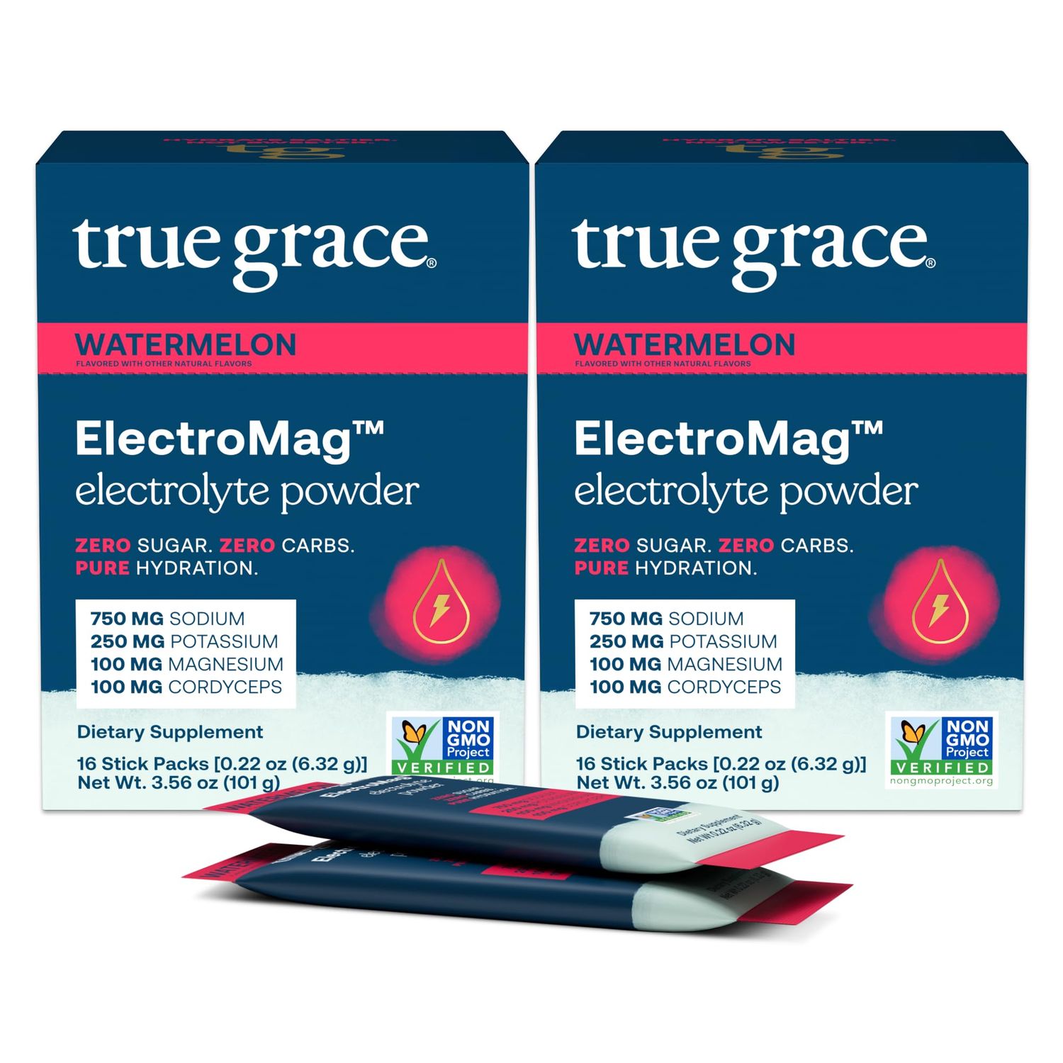 True Grace ElectroMag - 16 Stick Packs (Pack of 2) - Watermelon - Electrolyte Powder for Rapid Hydration - Sodium, Potassium, Magnesium Cordyceps - Zero Sugar Carbs - Non-GMO - 32 Total Servings