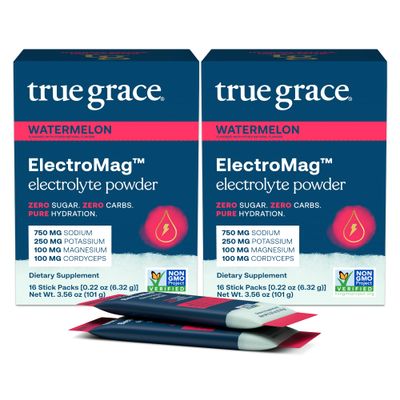 True Grace ElectroMag - 16 Stick Packs (Pack of 2) - Watermelon - Electrolyte Powder for Rapid Hydration - Sodium, Potassium, Magnesium Cordyceps - Zero Sugar Carbs - Non-GMO - 32 Total Servings