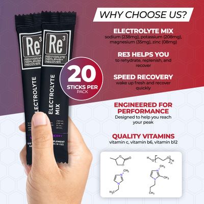 Re3 - Rehydrate - Replenish - Recover Electrolyte Powder Packets. No Sugar, 7 Cal, 1.4 Carbs. The Best Mix of Vitamins and Minerals (Mixed Berry)