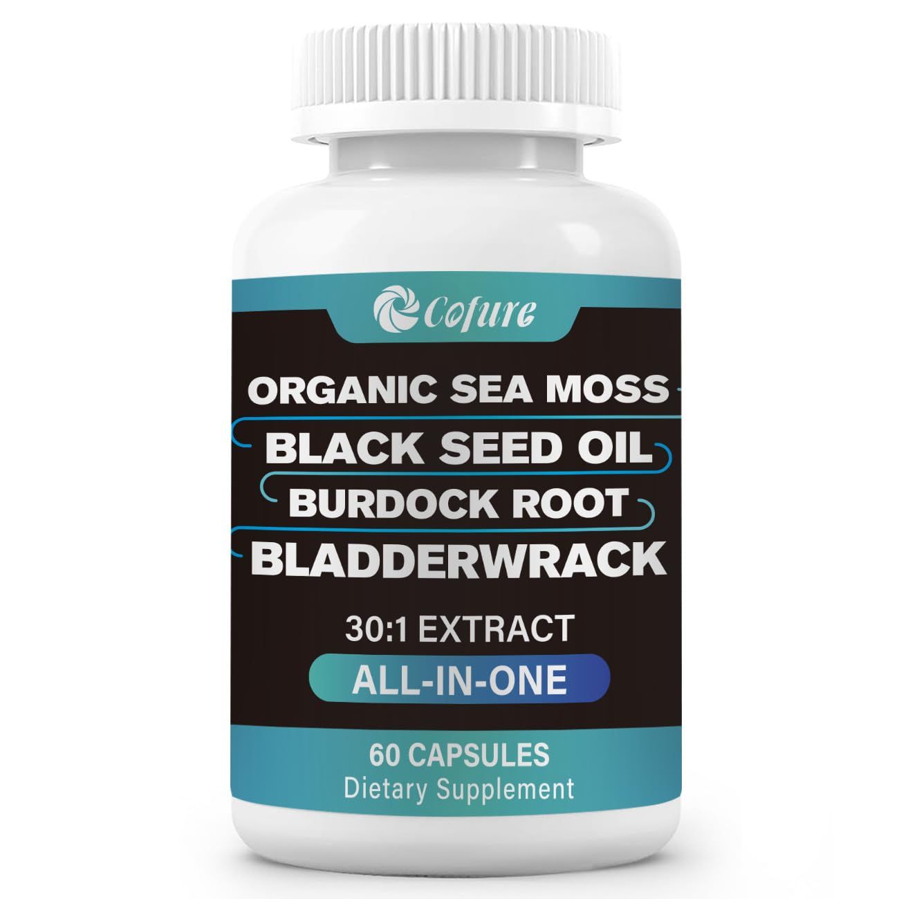 Cofure Sea Moss Black Seed Oil Burdock Root Bladderwrack, Advanced Irish Sea Moss Multi Minerals Supplement for Energy, Immune, Gut, Non-GMO, Gluten Free