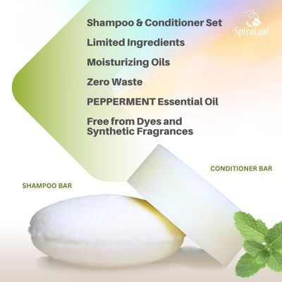SpiraLeaf Shampoo Bar Conditioner Bar Set, PEPPERMINT Pure Essential Oils, Light Scent, Limited Ingredients, Concentrated Formula, Made USA, Zero Waste, Color-Fragrance Free, Travel Ready
