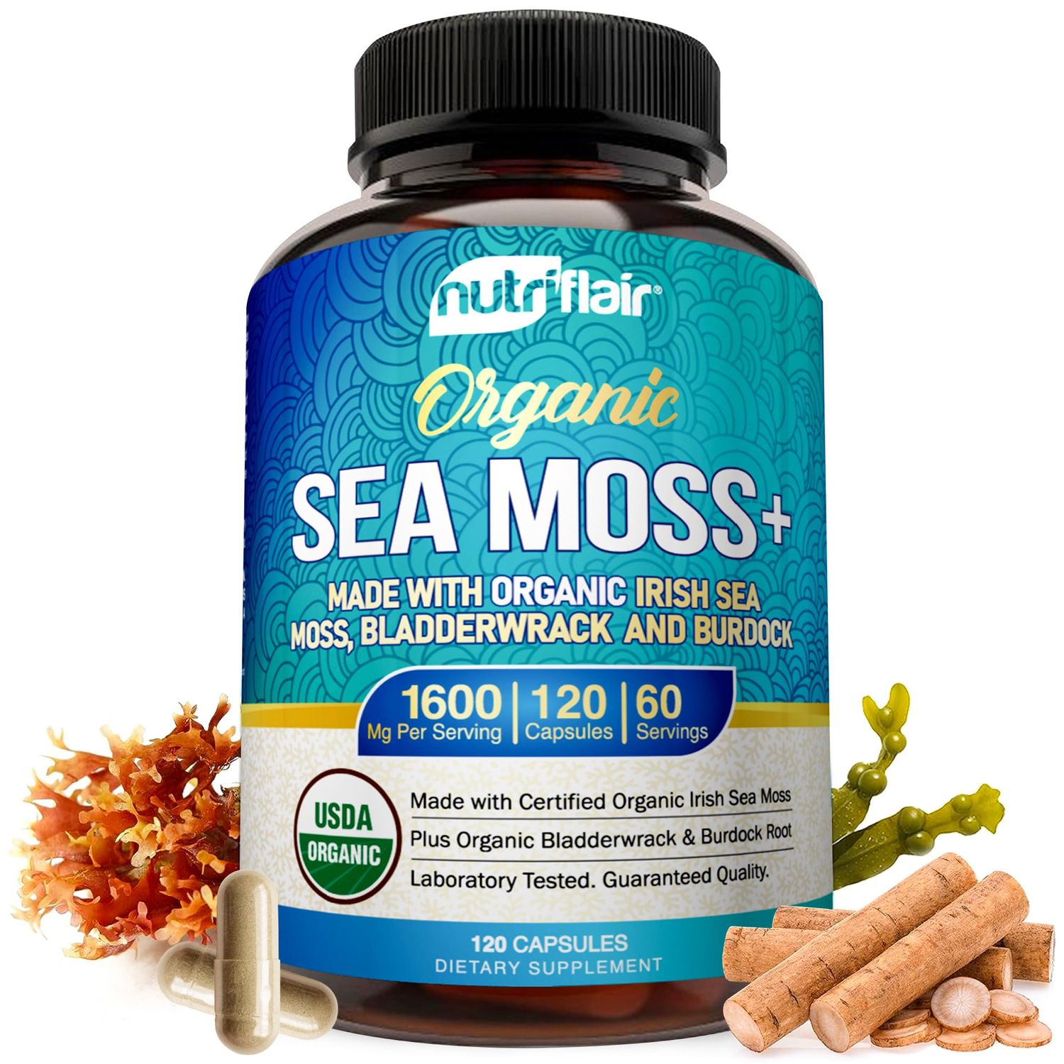 NutriFlair Organic Irish Sea Moss 1600mg, 120 Capsules Plus Bladderwrack Burdock - Prebiotic Super Food - Immune System Digestive Health - Thyroid, Healthy Skin, Keto Detox, Gut, Joint Support
