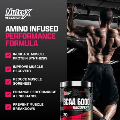 Nutrex Research - BCAA Powder 6000 Amino Acid - 6 Grams of BCAAs Amino Acids Supplement for Post Workout Recovery Muscle Growth - Amino Energy Workout Recovery Drink (Watermelon - 30 Servings)