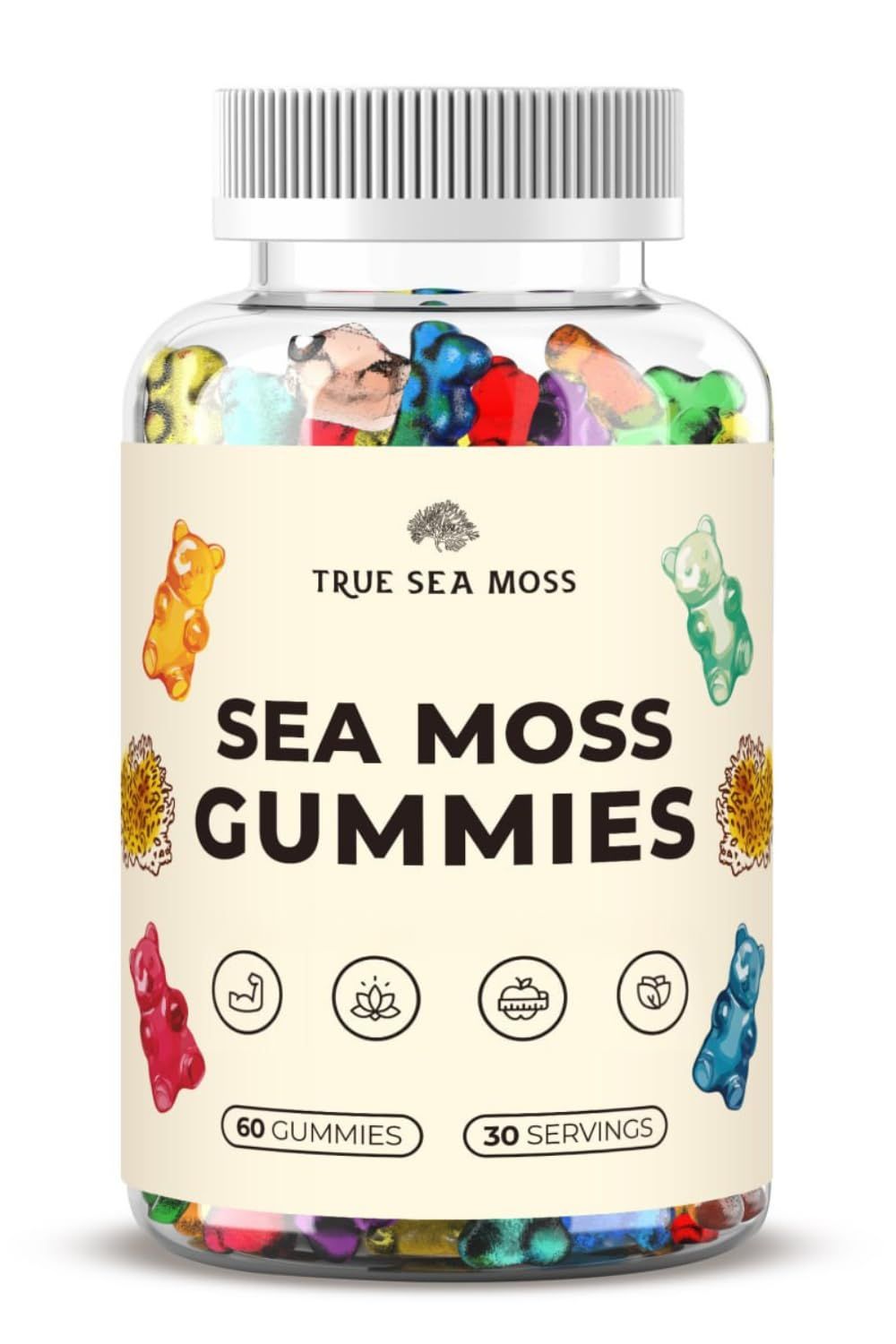 TrueSeaMoss Irish Sea Moss Gummies with Burdock Root Bladderwrack for Immune Support, Energy Boost, Skin Hair, Detox - Adult Women Men, Kids 60pcs