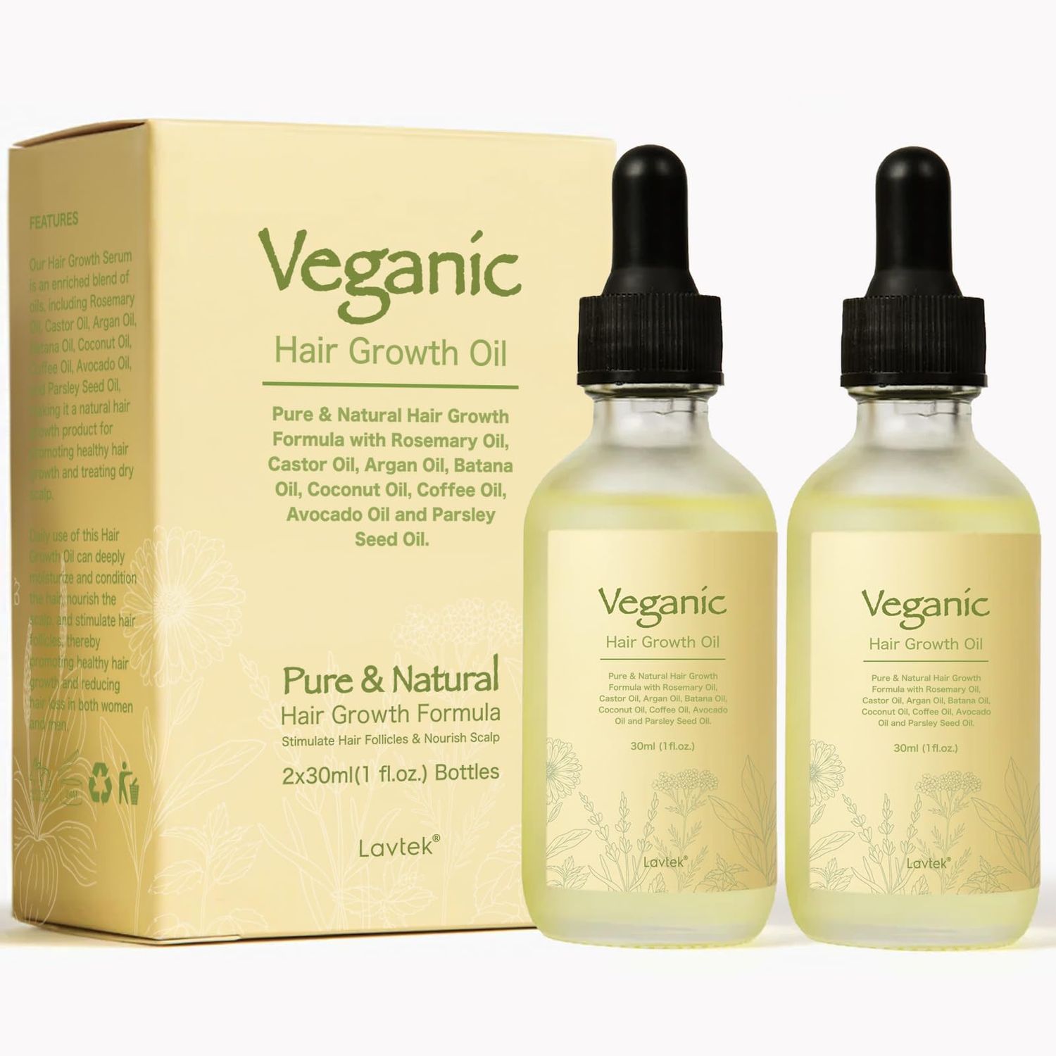 Veganic Natural Hair Growth Oil, Veganic Hair Growth Oil with Rosemary Oil, Castor Oil, Argan Oil, Raw Batana Oil, Veganic Hair Oil for Hair Growth 30ml x 2pcs.