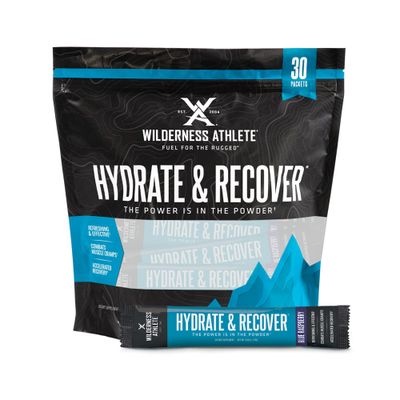 Wilderness Athlete - Hydrate Recover Liquid Hydration Packets Electrolyte Drink Mix - Recover Faster with Bcaas - 30 Single Serving Hydrate Packets (Blue Raspberry)