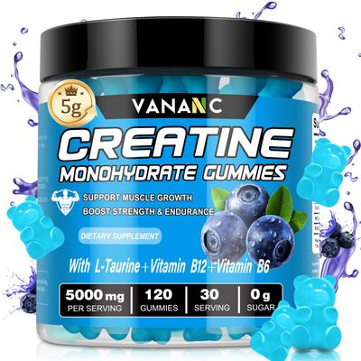 Creatine Monohydrate Gummies 5000g for Men Women, Sugar Free Chewables Creatine Pre-Workout Supplement with L-Taurine Vitamins for Muscle Strength, Boost Energy Endurance,120 Gummies-Blueberry