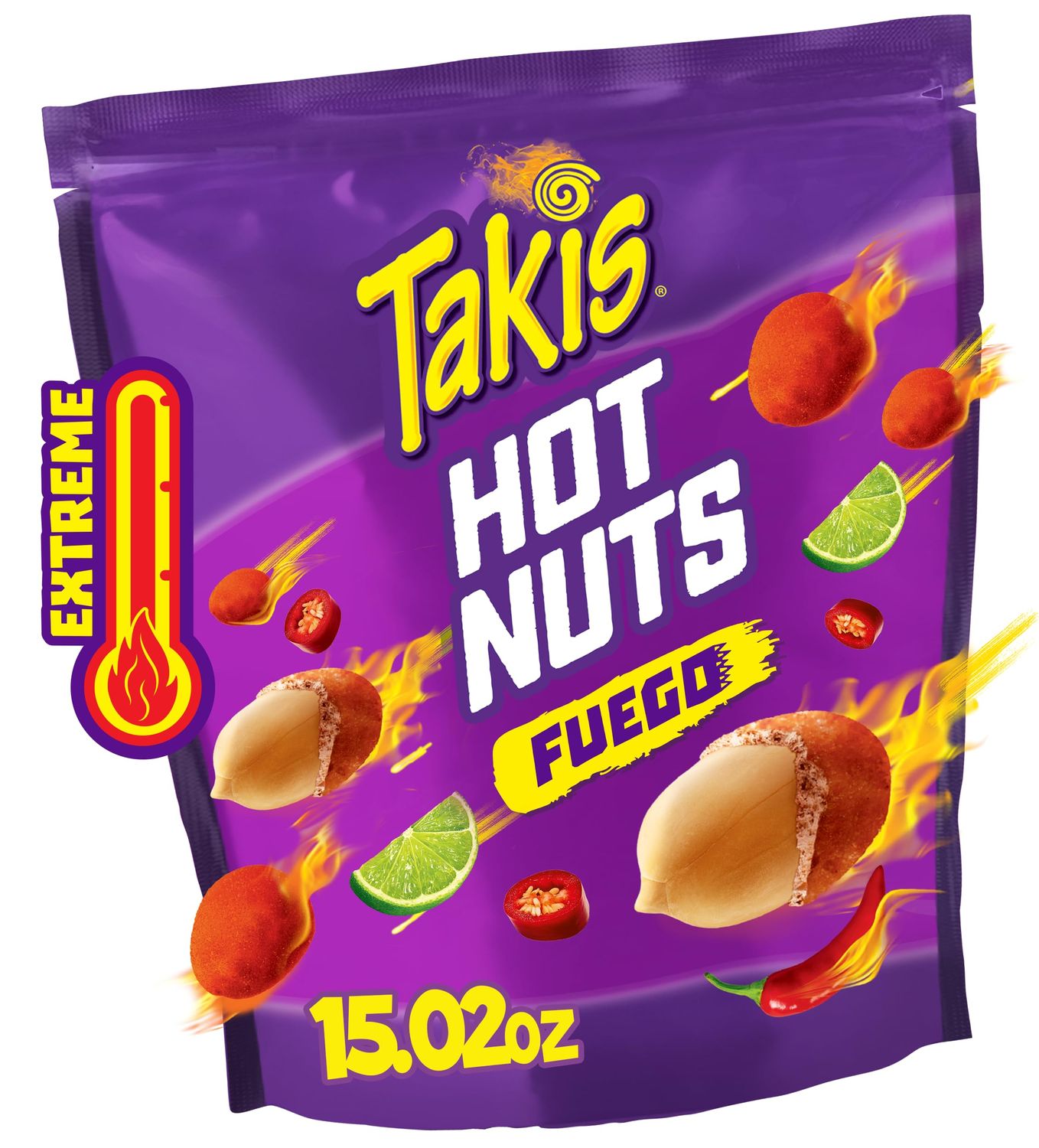 Takis Fuego Hot Nuts 15.02 oz Sharing Size Resealable Bag, Hot Chili Pepper Lime Flavored Extreme Spicy Double-Crunch Peanuts