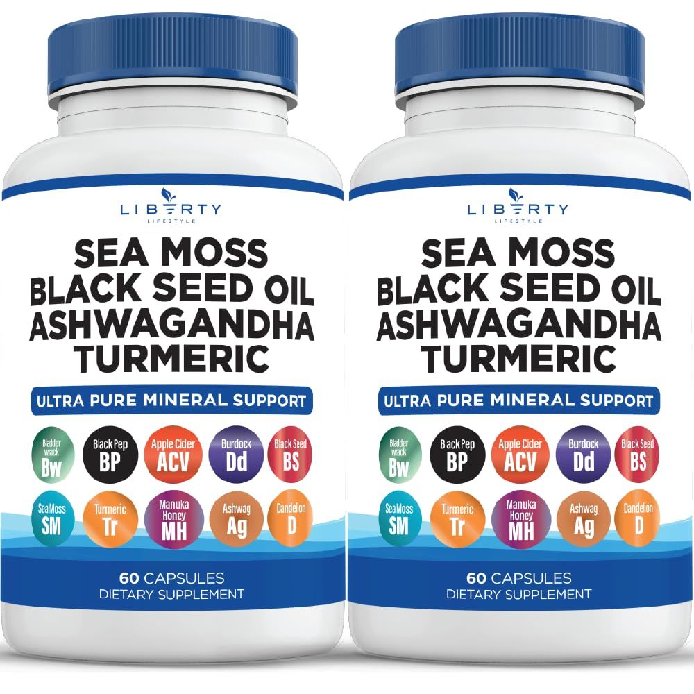 Liberty Lifestyle Sea Moss Black Seed Oil Ashwagandha Turmeric Bladderwrack Burdock - with Manuka, Honey Dandelion, ACV Black Pepper Gluten Free - 2-Pack