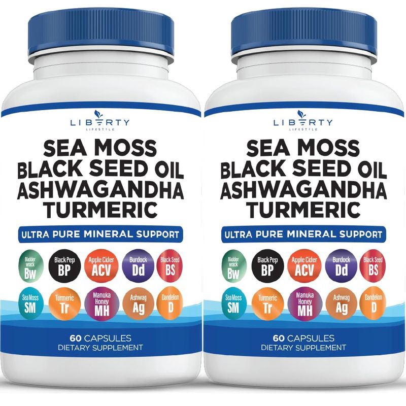 Liberty Lifestyle Sea Moss Black Seed Oil Ashwagandha Turmeric Bladderwrack Burdock - with Manuka, Honey Dandelion, ACV Black Pepper Gluten Free - 2-Pack