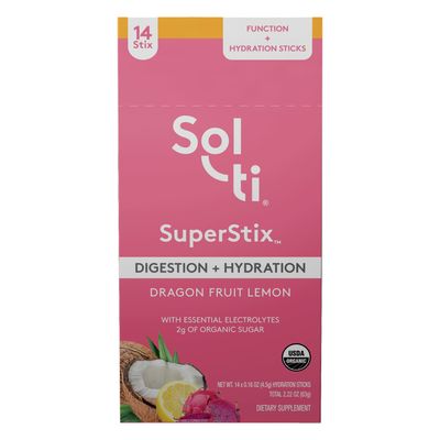 Sol-ti Organic Electrolyte Digestion Hydration Drink Mix, Superfood Hydration Sticks, SuperStix, Non-GMO, Vegan, Dragon Fruit Lemon, 14 Sticks