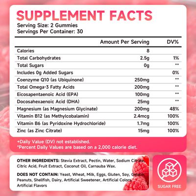 Sugar-Free CoQ10 Gummies 250mg, Coenzyme Q10 Supplements Plus Omega-3, Vitamin B6 Zinc, High Absorption CoQ10 Supplement for Cellular Energy Antioxidant Support, Raspberry Flavor, Vegan 60Cts