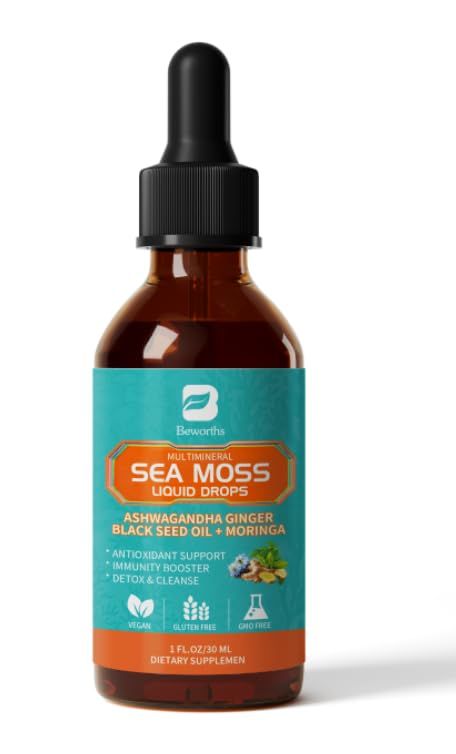 Sea Moss Drops with Black Seed Oil Ashwagandha Turmeric Bladderwrack Burdock Vitamin C Vitamin D3 with Elderberry Manuka, Chlorophyll
