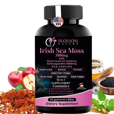 10-in 1 Irish Sea Moss Gummies 3000mg with Black Seed Oil Ashwagandha Bladderwrack Burdock Turmeric Apple Cider Vinegar Manuka Honey Dandelion - for Immune and Digestive System, Made in US