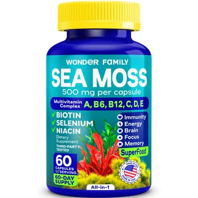 Wildcrafted Irish Sea Moss Capsules - Chondrus Crispus or True Sea Moss Advanced with Biotin, Niacinamide, Vitamins - Multimineral Supplement - Alternative to Irish Seamoss Gel - 60 Seamoss Pills