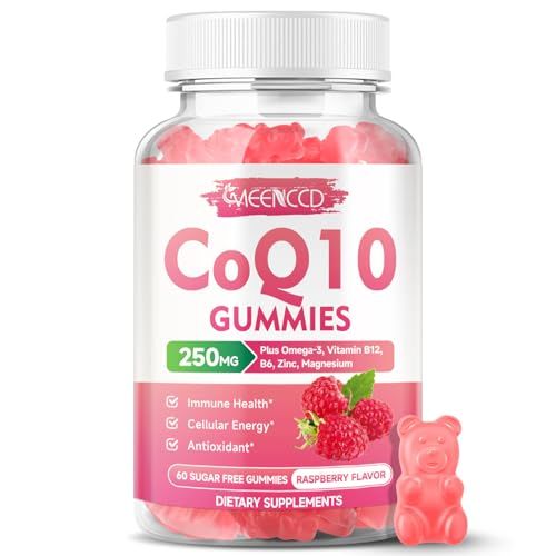 Sugar-Free CoQ10 Gummies 250mg, Coenzyme Q10 Supplements Plus Omega-3, Vitamin B6 Zinc, High Absorption CoQ10 Supplement for Cellular Energy Antioxidant Support, Raspberry Flavor, Vegan 60Cts