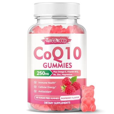 Sugar-Free CoQ10 Gummies 250mg, Coenzyme Q10 Supplements Plus Omega-3, Vitamin B6 Zinc, High Absorption CoQ10 Supplement for Cellular Energy Antioxidant Support, Raspberry Flavor, Vegan 60Cts