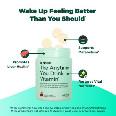 H-PROOF The Anytime You Drink Vitamin, Liver Health Immunity Support with Electrolytes, Milk Thistle, and Vitamins B C - 40 Chewable Tablets (20 Servings), Vegan, Black Cherry