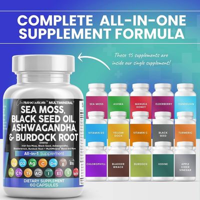 Clean Nutraceuticals Sea Moss Black Seed Oil Ashwagandha Turmeric Bladderwrack Burdock Vitamin C Vitamin D3 with Elderberry Manuka Dandelion Yellow Dock Iodine Chlorophyll ACV