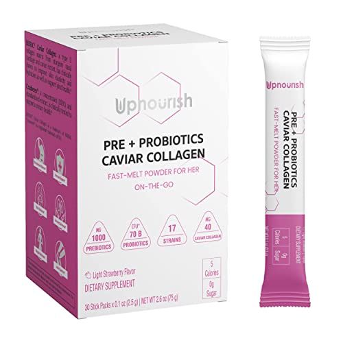 UpNourish Prebiotics, Probiotics and Caviar Colalgen for Women&#39;s Digestive Weight Wellness, Skin Radiance, Joint Mobility, Feminine Health with Cranberry Extract D-Mannose, 30 Fast-melt Packets