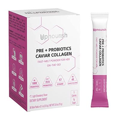 UpNourish Prebiotics, Probiotics and Caviar Colalgen for Women&#39;s Digestive Weight Wellness, Skin Radiance, Joint Mobility, Feminine Health with Cranberry Extract D-Mannose, 30 Fast-melt Packets