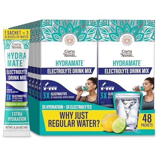 GuruNanda Hydramate Hydration Support Drink Mix - Electrolyte Powder Packets for Dehydration, Exercise Energy - No Added Sweeteners, Non-GMO, Natural Lemon Lime Flavor - 48 Count (0.56 oz Each)
