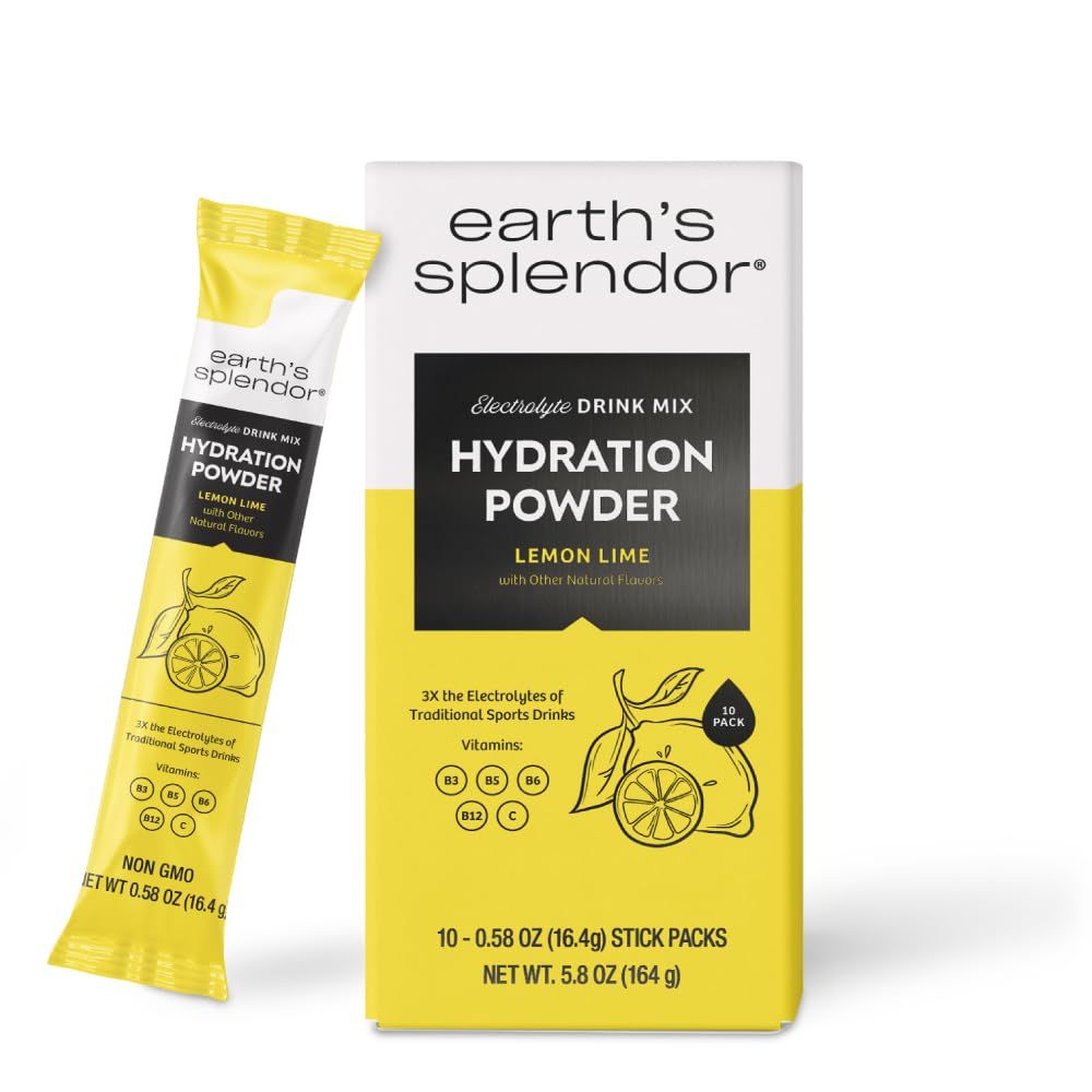 Earth&#39;s Splendor Hydration Powder, Lemon Lime 10 Pack Single Serving Electrolyte Sticks