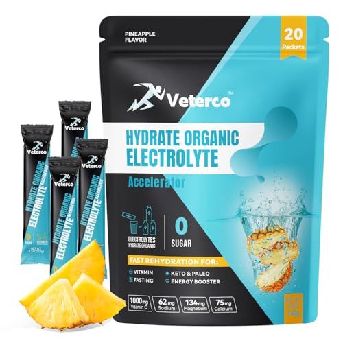 Veterco Hydration Electrolyte Powder, Electrolyte Drink, Hydration Supplement Drink Mix, Hydration Packets with Vitamin Mineral, Keto Friendly, Vegan, Non-GMO, No Sugar, Pineapple Flavor (20 Sticks)